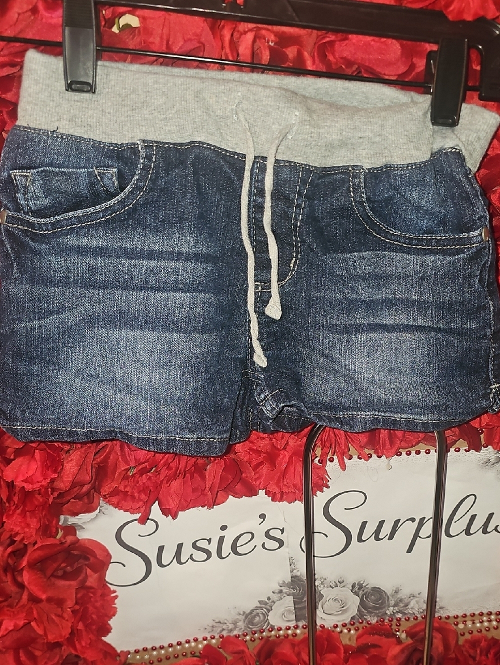 Vanilla Star Girls Blue Denim-Style Shorts with Gray Knit Waistband Size 10